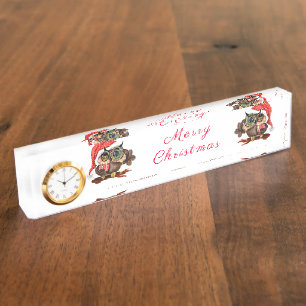 Cute Baby Owl In Christmas Hat and Gift For You Nameplate