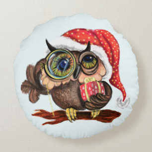 Cute Baby Owl In Christmas Hat and Gift For You Round Cushion