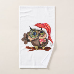 Cute Baby Owl In Christmas Hat and Gift - Fun Bath Towel Set
