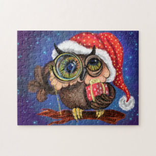 Cute Baby Owl In Christmas Hat and Gift - Fun Jigsaw Puzzle