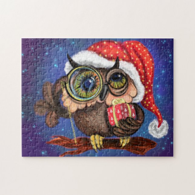 Cute Baby Owl In Christmas Hat and Gift - Fun Jigsaw Puzzle (Horizontal)