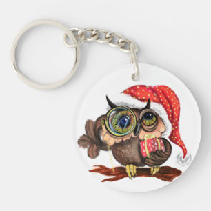Cute Baby Owl In Christmas Hat and Gift - Fun Key Ring