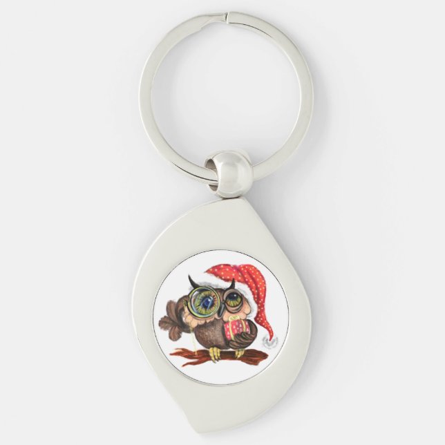 Cute Baby Owl In Christmas Hat and Gift - Fun Key Ring (Front)