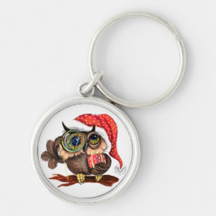 Cute Baby Owl In Christmas Hat and Gift - Fun Keyc Key Ring