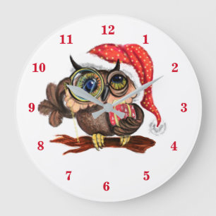 Cute Baby Owl In Christmas Hat and Gift - Funny Large Clock