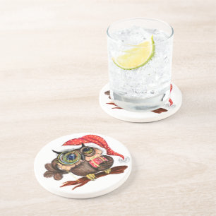 Cute Baby Owl In Christmas Hat and Gift - Painting Coaster