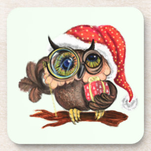 Cute Baby Owl In Christmas Hat and Gift - Painting Coaster