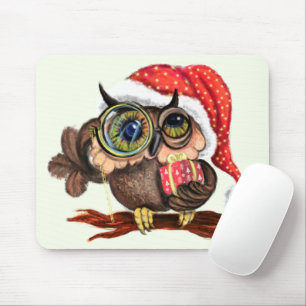 Cute Baby Owl In Christmas Hat and Gift - Painting Mouse Mat
