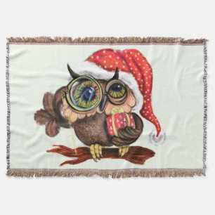 Cute Baby Owl In Christmas Hat and Gift - Painting Throw Blanket