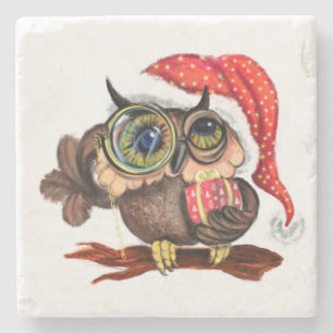 Cute Baby Owl In Christmas Hat Stone Coaster