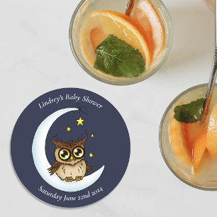 Cute Baby Owl Moon Stars Blue Shower Round Paper Coaster