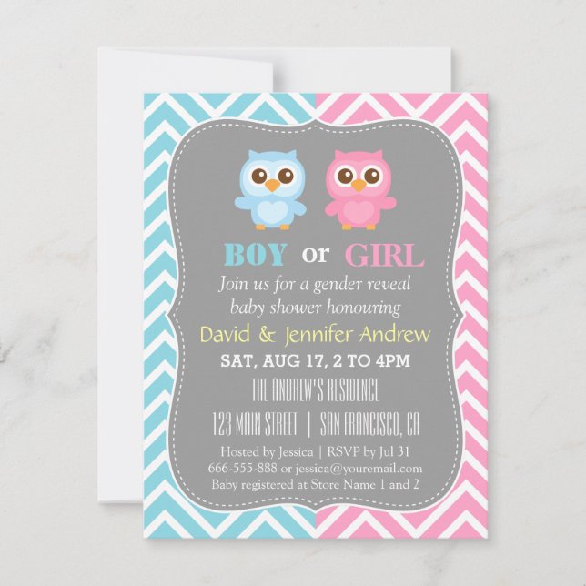 Cute Baby Owl Theme Chevron Gender Reveal Party Invitation (Front)