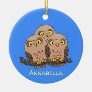 Cute baby owl trio cartoon illustration ceramic tree decoration