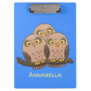 Cute baby owl trio cartoon illustration clipboard