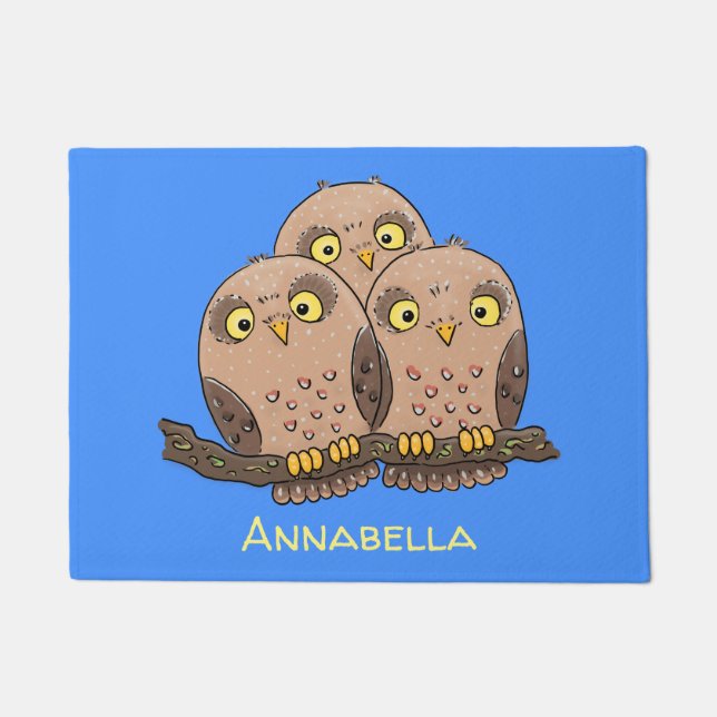 Cute baby owl trio cartoon illustration doormat (Front)