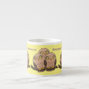Cute baby owl trio cartoon illustration espresso cup