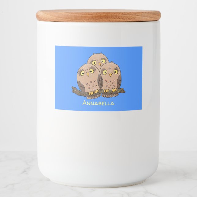 Cute baby owl trio cartoon illustration food label (Front)