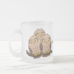 Cute baby owl trio cartoon illustration frosted glass coffee mug