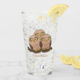 Cute baby owl trio cartoon illustration glass