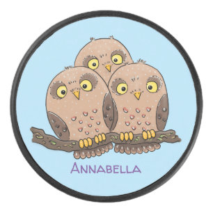 Cute baby owl trio cartoon illustration hockey puck