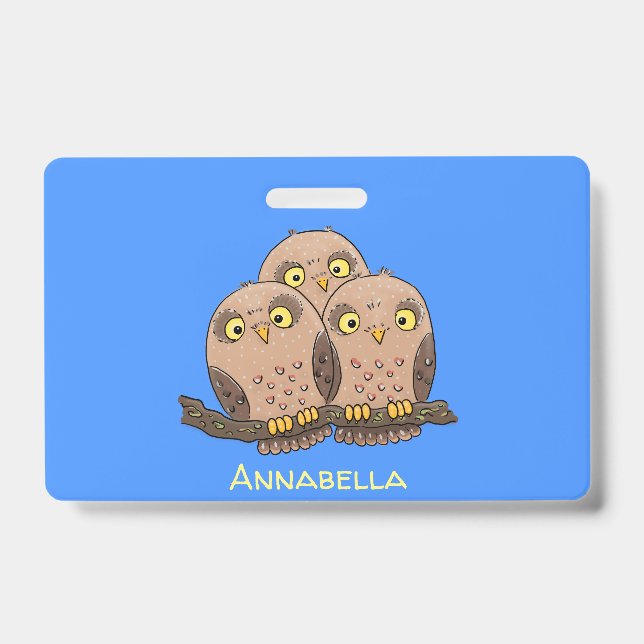 Cute baby owl trio cartoon illustration ID badge (Front)