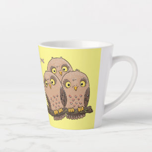 Cute baby owl trio cartoon illustration latte mug
