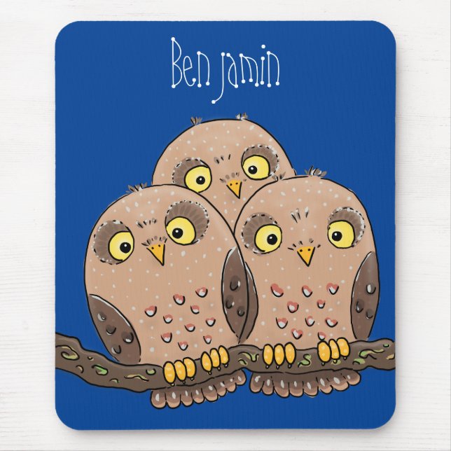 Cute baby owl trio cartoon illustration mouse mat (Front)