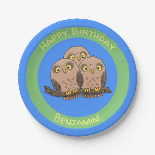 Cute baby owl trio cartoon illustration paper plate