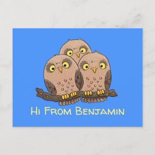 Cute baby owl trio cartoon illustration postcard