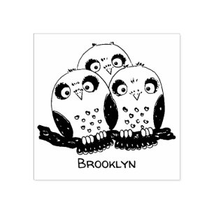 Cute baby owl trio cartoon illustration rubber stamp