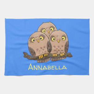 Cute baby owl trio cartoon illustration tea towel