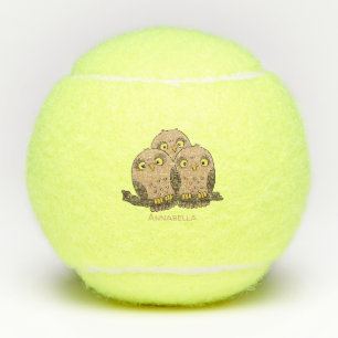 Cute baby owl trio cartoon illustration tennis balls