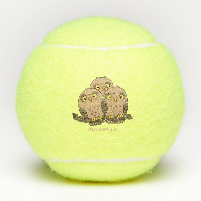 Cute baby owl trio cartoon illustration tennis balls (Front)
