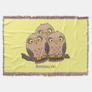 Cute baby owl trio cartoon illustration throw blanket