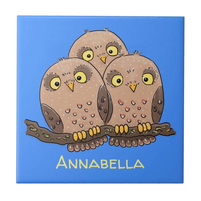 Cute baby owl trio cartoon illustration tile (Front)
