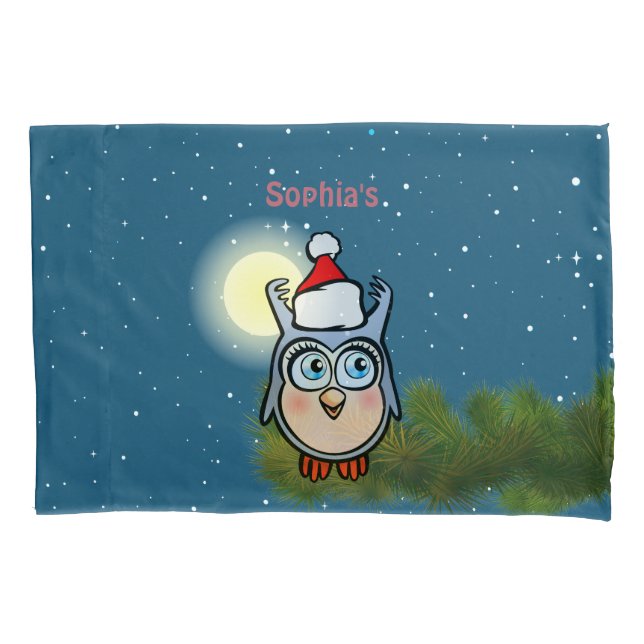 Cute Baby Owl With Christmas Hat Pillowcase (Front)