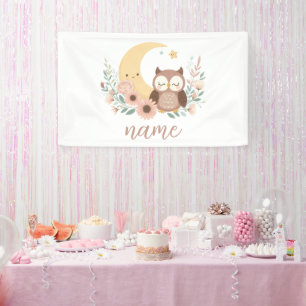 Cute baby owl with moon banner