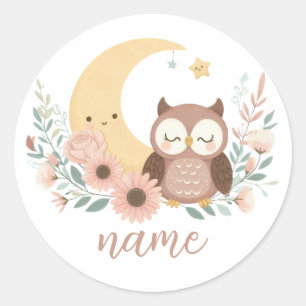 Cute baby owl with moon classic round sticker