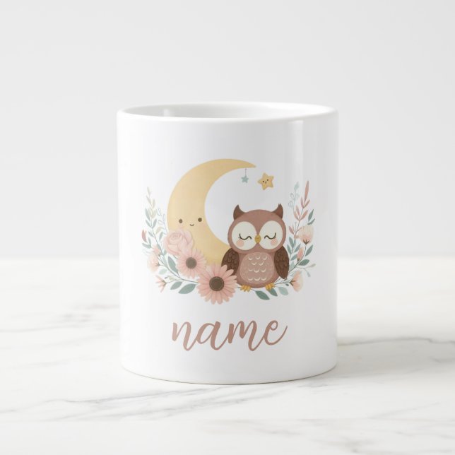 Cute baby owl with moon large coffee mug (Front)