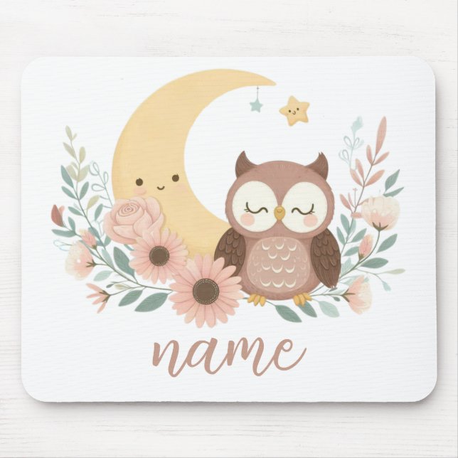 Cute baby owl with moon mouse mat (Front)