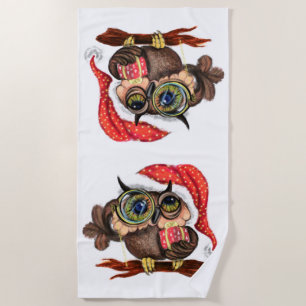 Cute Baby Owls In Christmas Hat and Gift - Fun Beach Towel