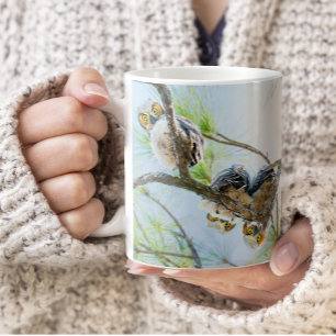 Cute Baby Owls on a Limb w/Yellow Eyes Fine Art Coffee Mug