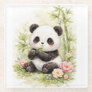Cute Baby Panda Bamboo Floral Coaster Kawaii Wat