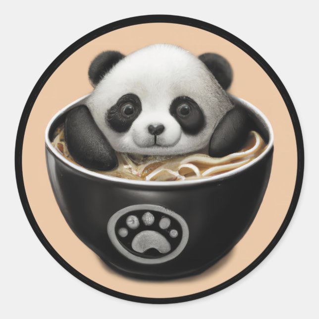 Cute Baby Panda Bear Bathing In A Bowl Of Ramen Classic Round Sticker (Front)