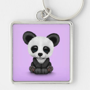 Cute Baby Panda Bear Cub on Purple Key Ring