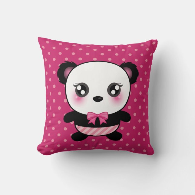 Cute Baby Panda Bear Pink Polka Dots Pattern Cushion (Front)