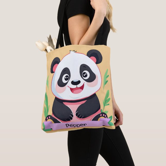 Cute Baby Panda Custom Name Tote Bag (Close Up)