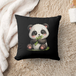 Cute Baby Panda Eating Bamboo Black Throw Pillow