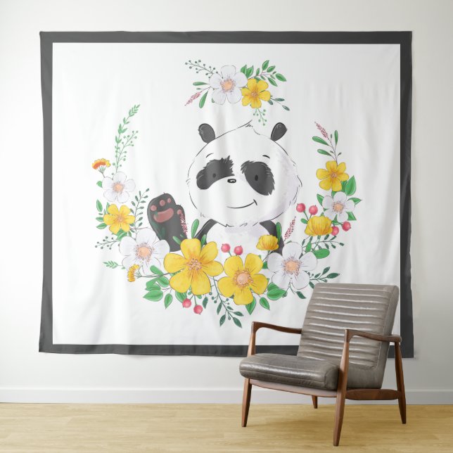 Cute baby panda floral wreath tapestry (In Situ (Horizontal))