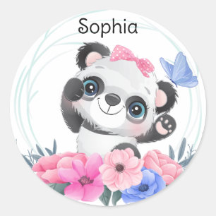 Cute Baby Panda Flower Wreath Custom Name       Classic Round Sticker